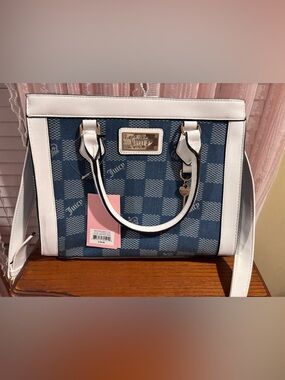 Juicy Couture Navy Check Tote with White Trim and Gold Accents